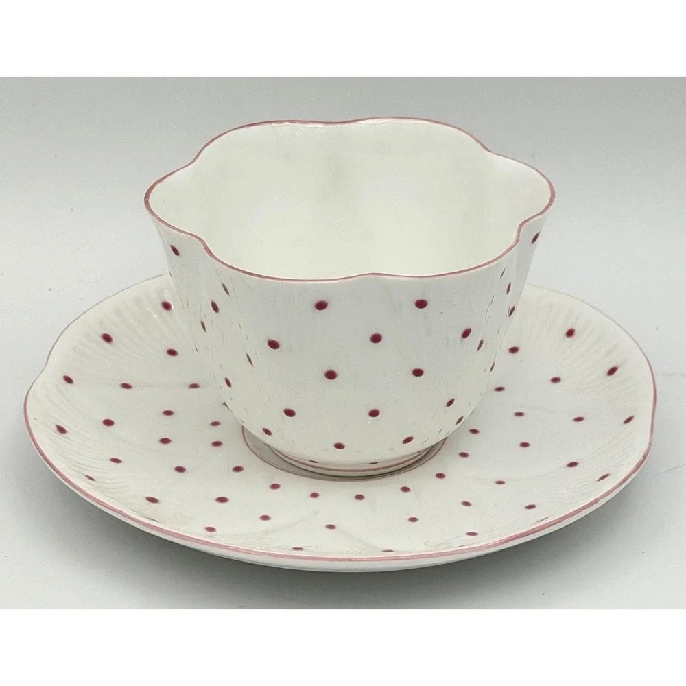 Shelley England Tea Cup Saucer Set White Pink Polka Dots Fine Bone China EUC
